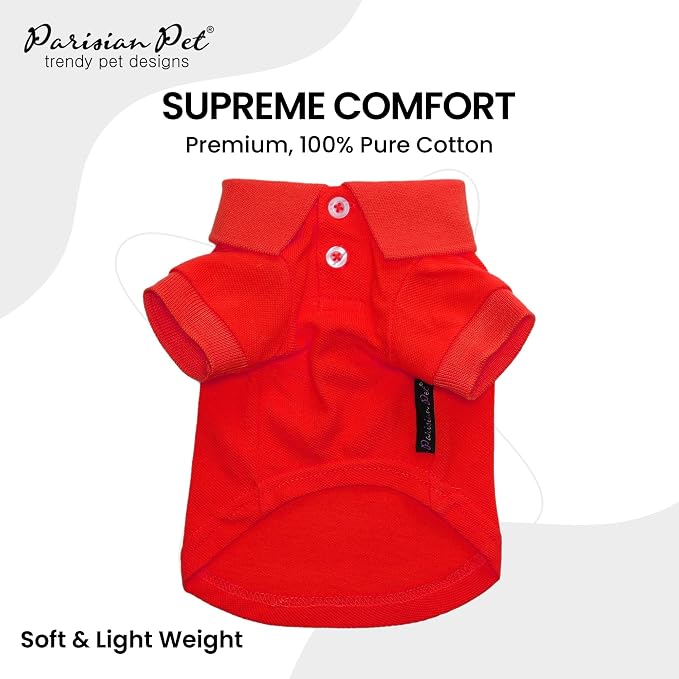 Parisian Pet Dog Polo Shirt – Classic Red Cotton Pet Apparel with Collar & Buttons, Soft Breathable Puppy T-Shirt, Cute Dog Clothes - Ideal Summer Clothes for Small Dogs - Shirts for Dogs Boy Girl