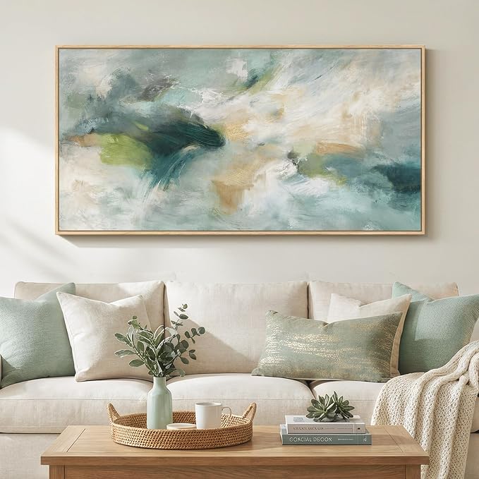 Large Framed Horizontal Sage Green Abstract Wall Art, 1 Piece 30x60 In | Modern teal canvas prints, Wood frame, Contemporary wall pictures, Minimalist artwork, Wall decor for bedroom dining room