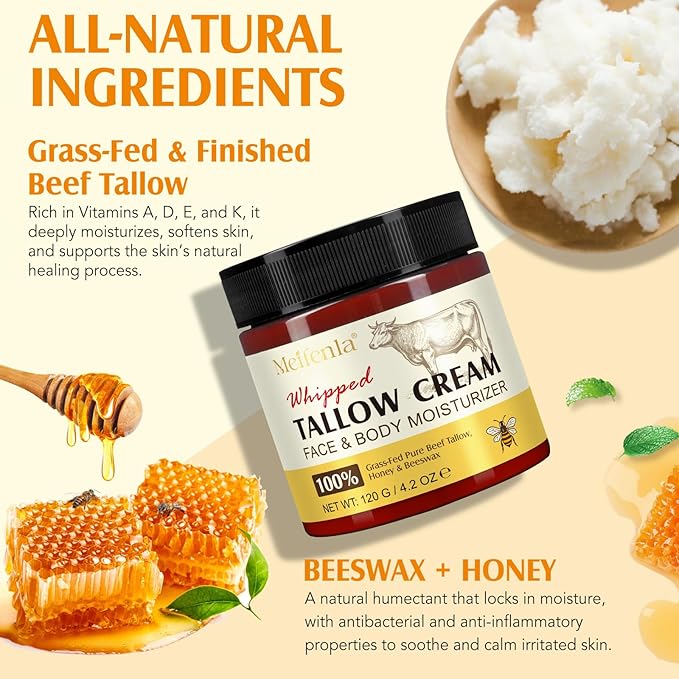 Beef Tallow for Skin, Natural Tallow and Honey Balm, Organic Grass Fed Whipped Beef Tallow for Face Moisturizer, Deeply Moisturizing Body Butter for Dry & Sensitive Skin, All Skin Types 4.2 Oz