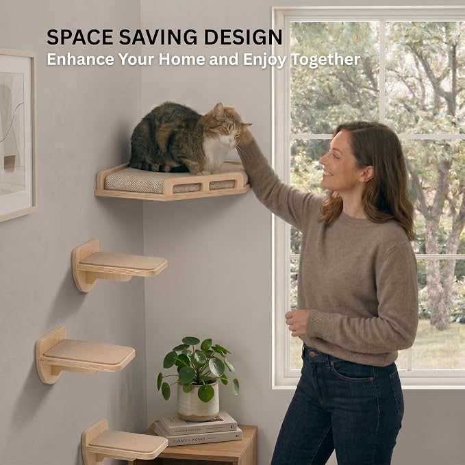 INICIO Cat Wall Shelves - Corner Shelf with Cushion and 3 Cat Wall Steps | Sturdy Cat Shelves for Wall - Stairs & Perch for Indoor Cats up to 15lbs - Natural Birch Wood for Safe Climbing and Playing