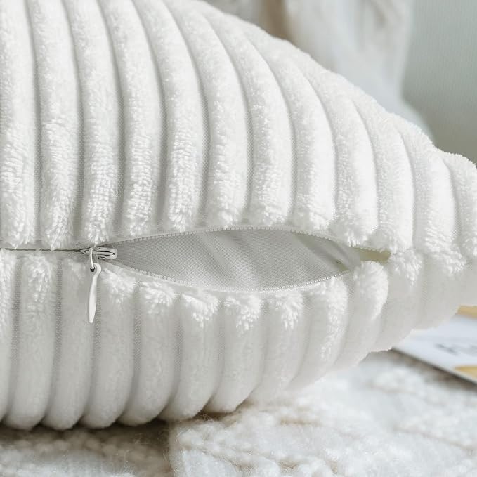 MIULEE Decorative Corduroy Throw Pillow Covers Set of 2 16x16 Pure White | Soft Striped Textured Cushion Cases, Boho Square Pillowcases Neutral Home Decor, for Couch Chair Sofa Bed Living Room