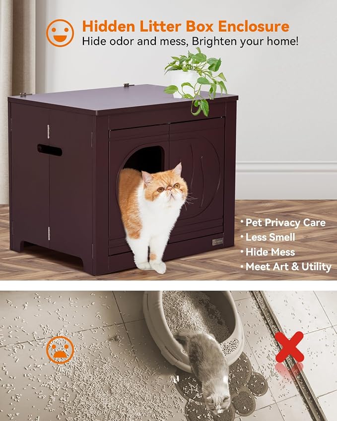 PETSFIT Cat Litter Box Enclosure, Unfold to Use, No Assembly Needed, Cat House & End Table, Fits Most Boxes (Espresso)