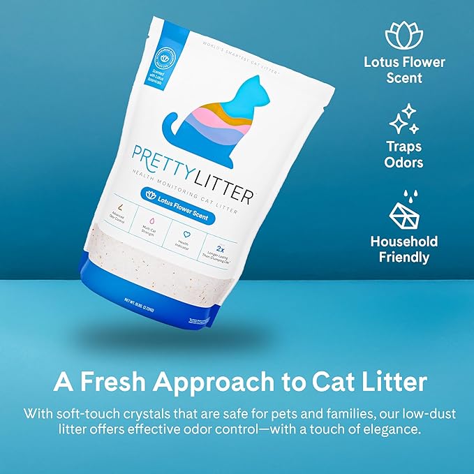 PrettyLitter Health Monitoring Cat Litter, Lotus Flower, 6 lb. Bag | Up to 1 Month Supply, Non-Clumping, Advanced Odor Control, Automatic Litter Box Compatible, Color Changing Silica Crystals