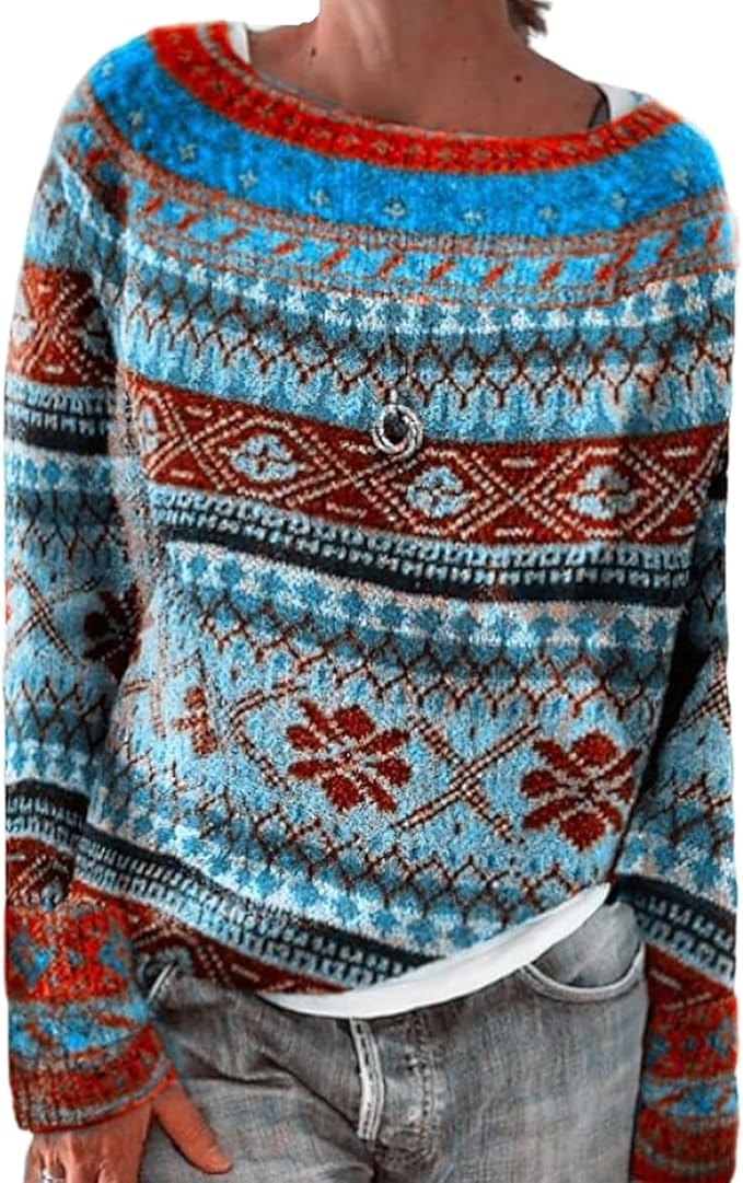 Zhyaj Fair Isle Sweater for Womens Winter Long Sleeve Vintage Knitted Sweater Casual Fall Crew Neck Pullover Sweaters