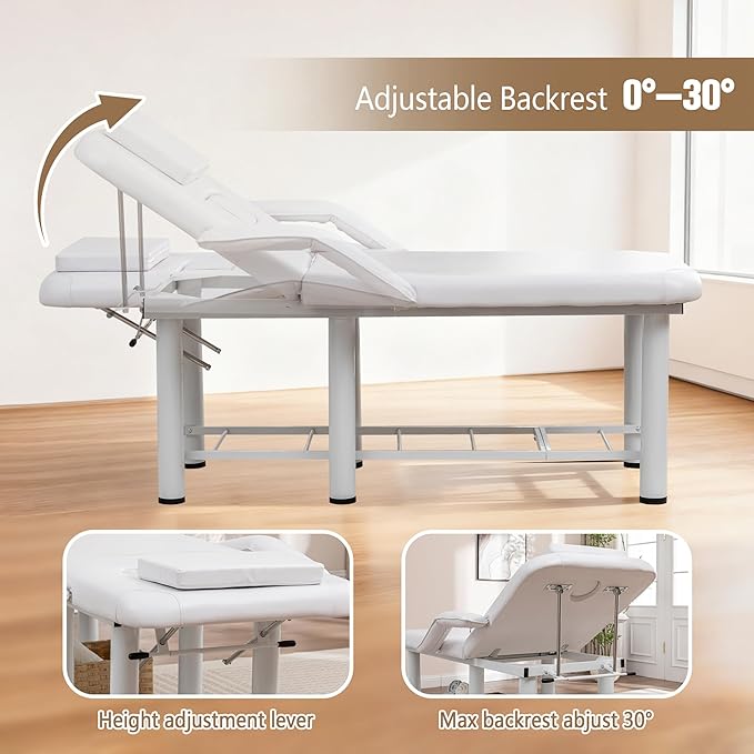 Professional Massage Bed with Armrests Stationary Adjustable Massage Table Spa Bed 73" x27” Physical Therapy Table with Memory Foam Salon Bed w/Removable Headrest White