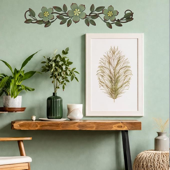 Wesiti Metal Flower Wall Decor Vintage Metal Flower Wrought Iron Scroll Sculpture 15.7''x3.7'' Not 3D, Flat Farmhouse Leaf Wall Decor with Nails for Summer Bedroom Kitchen Indoor Outdoor(Green)