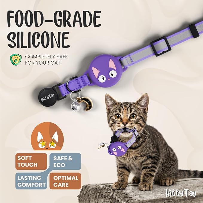 AirTag Cat Collar – Breakaway Reflective & Waterproof Collar with Built-in Holder, Adjustable with Bell for Indoor/Outdoor Cats – AirTag Not Included, Purple (9-12")