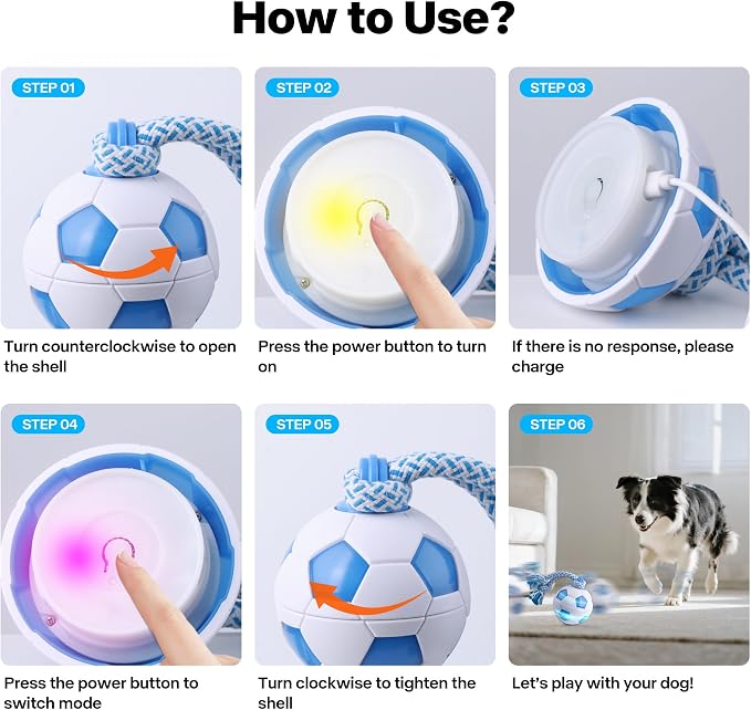 Pet Prime Interactive Dog Ball Toy with Rope,Rechargeable Automatic Rolling Ball with Motion Activated,3 Play Modes for Medium/Large Dogs, Self-Moving Toy to Keep Pets Busy and Entertained