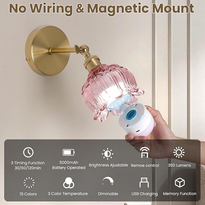 Vintage Battery Operated Wall Sconce: Set of 2 Rechargeable Pink Sconce | 5000mAh Flower Glass Cordless Mounted Lighting, Wireless Dimmable Powered Light, Remote Control, Bedroom Bedside Indoor Decor