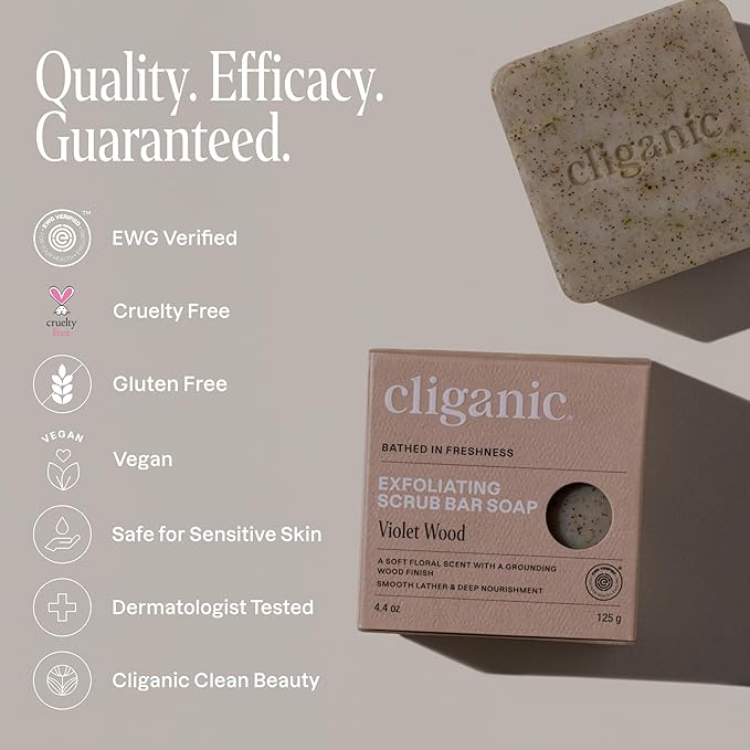 Cliganic Exfoliating Bar Soap – Body Scrub Soap For |Men & Women with 98% Natural Ingredients Cleanses, Smooths & Revitalizes Skin, Moisturizing Soap Bar - Violet Wood Scent (2 Pack)
