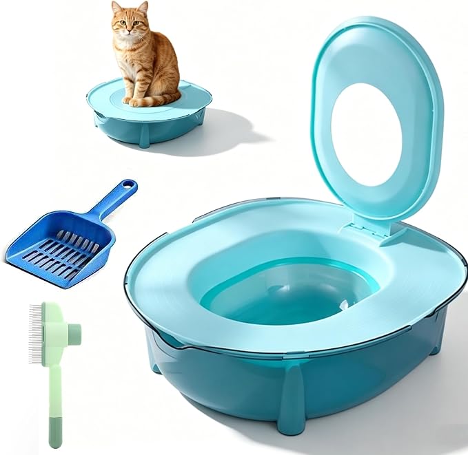 Cat Potty Training Kit for Indoor Cats, Portable Cat Toilet with Raised Anti-Splash Edge, Easy Clean Thickened PP Litter Box for Small and Medium Cats (Blue)