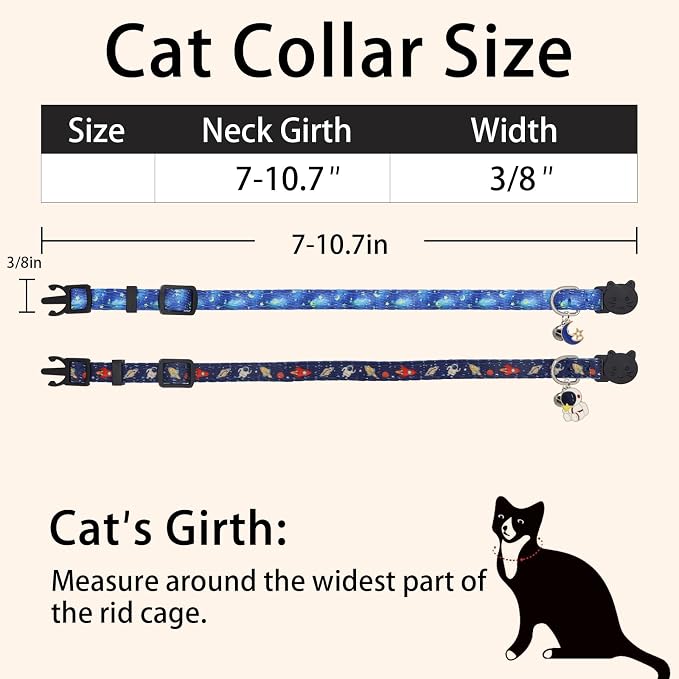 Cat Collar Breakaway, 2 Pack Cotton Kitten Collars with Bells and Removable Charms, Cute Astronaut Shaped for Indoor Boy, Girl and Adult Cats