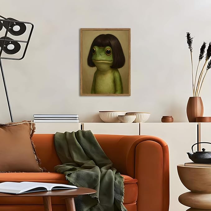 Funny Frog Wall Art, Whimsical Green Frog Wall Decor Painting Cute Animal Poster Canvas Prints Artwork for Living Room Bedroom Bathroom 12x16 inch Wood Framed