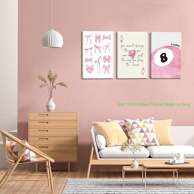 Pink Bow Canvas Wall Art Set of 3 Framed, Preppy Lucky 8 Ball Wall Decor Cute Girly Room Aesthetic Posters Prints Painting for Girls Bedroom College Apartment 12x16 In