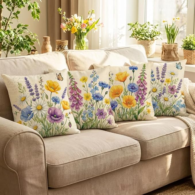 wyooxoo Throw Pillow Covers 18x18 Set of 4 Spring Pillow Covers Linen Flower Farmhouse Cushion Case for Sofa Couch Living Room Outdoor Home Decor