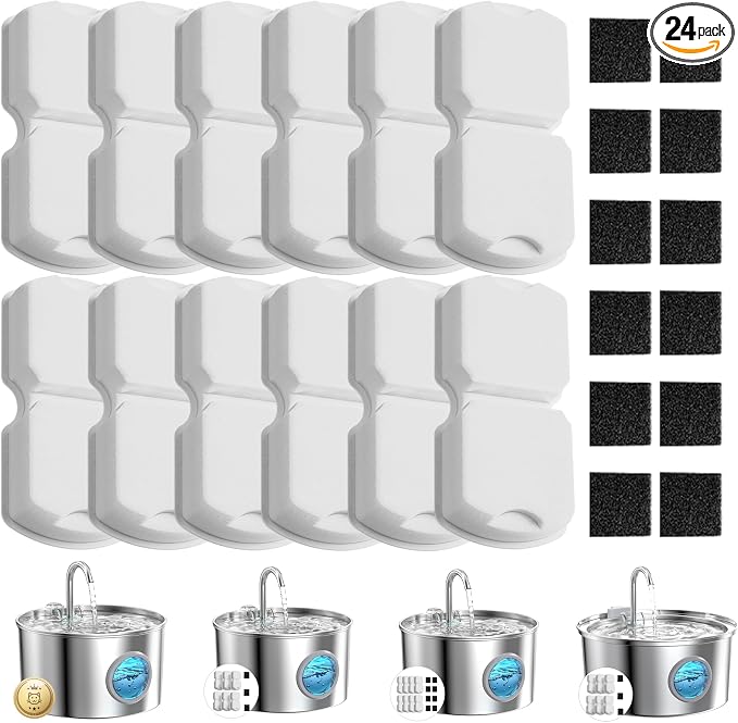 GIOTOHUN Cat Water Fountain Filter: 24 Cat Fountain Filter Replacement - 12 Filters & 12 Sponges - 6 Months Set of 24 Pet Fountains Filters for ATMZIQXR GIOTOHUN KOOGMOON UMOCUOY IHOUONE HOOISE