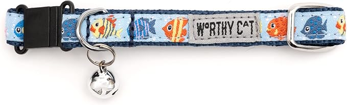 THE WORTHY DOG Characters Pattern, Breakaway Cat Collar, with Bell, Blue