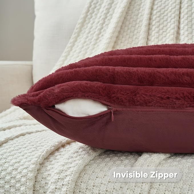 FUTEI Pack of 2 Faux Fur Throw Pillow Covers 24x24 Inch, Burgundy | Fluffy Faux Rabbit Fur Front/Premium Velvet Back,Hidden Zipper,Machine Washable,Non-Shedding,Colorfast,Insert Not Included.