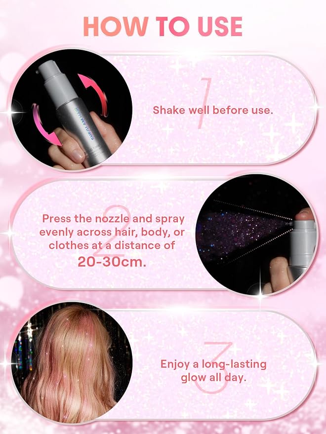 SHEGLAM Hair & Body Glitter Mist Spray - Shimmering Sparkle Makeup for Parties, Festivals, Cosplay, Halloween - Long Lasting, Non-Clogging, Easy Wash Off, 0.3 Fl Oz (Pink)