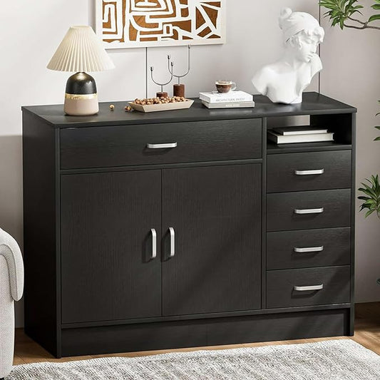 5-Drawers Salon Furniture Salon Storage Station, Free Standing Cabinet for Hair Stylist, Beauty Spa Furniture w/1 Large Capacity Cabinet & 1 Open Shelf, Spa Bathroom Equipment, Black