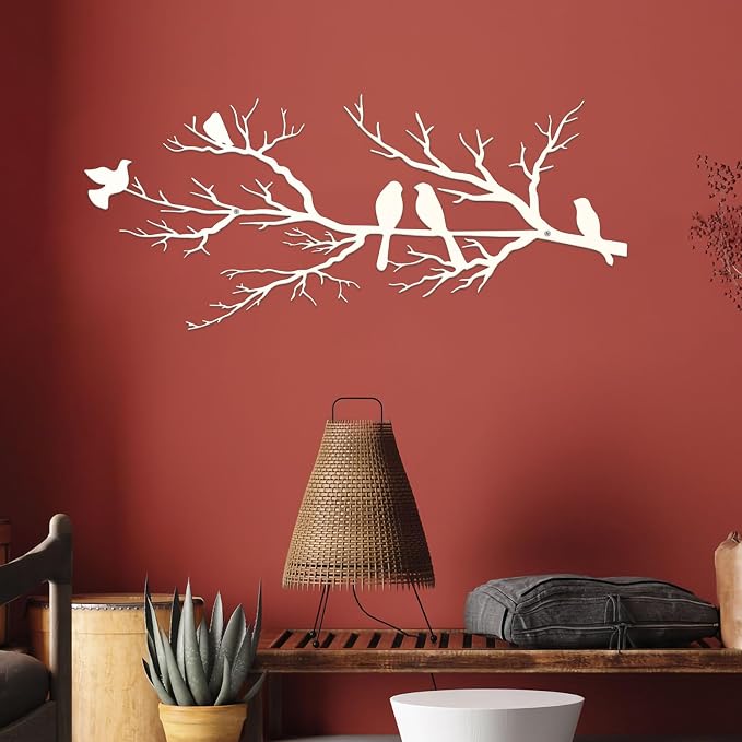 ESTART Metal Birds Wall Art, Metal Vivid Birds on Branch Silhouette Wall Decor White Leaves with Bird Outdoor Hanging Wall Sculpture for Home Living room Bedroom Balcony Garden (White, Small)