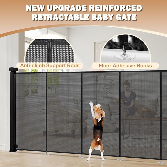 SMONTER Extra Wide Retractable Dog Gates, Mesh Baby Gate with Support Rods Extend to 118" Wide 44" Tall, Portable Safety Retractable Gate for Stairs, Indoor/Outdoor, Black