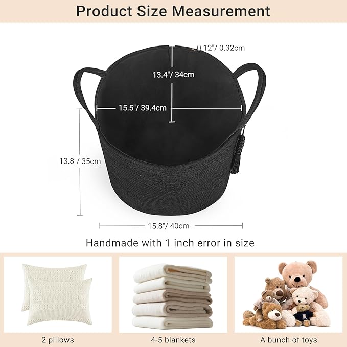 Mkono Woven Storage Basket for Blanket, Toys Plant Organizer, 16"W x 13.8"L | Black, Cotton, Decorative Basket with Handle, Wood Beads Tassel, Shoes Clothes Storage Bin, Living Room Bedroom Nursery
