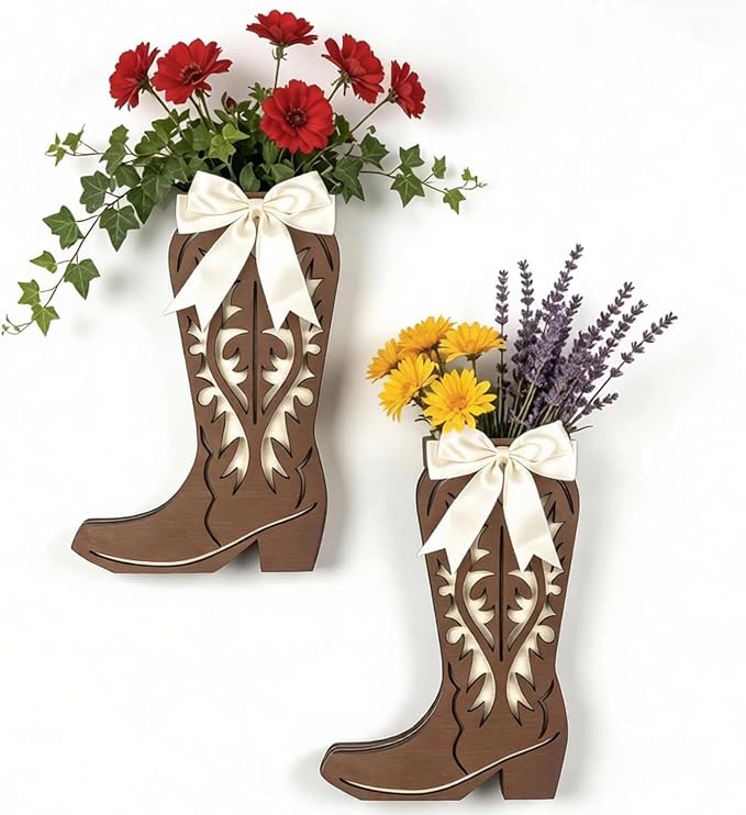 2 Pcs Wood Cowboy Boot Wall Vase - Western Rustic Home Décor | Sturdy wood planter for faux flowers. Suited for bedroom, kitchen, living room. Easy hang. Works farmhouse, country, cabin