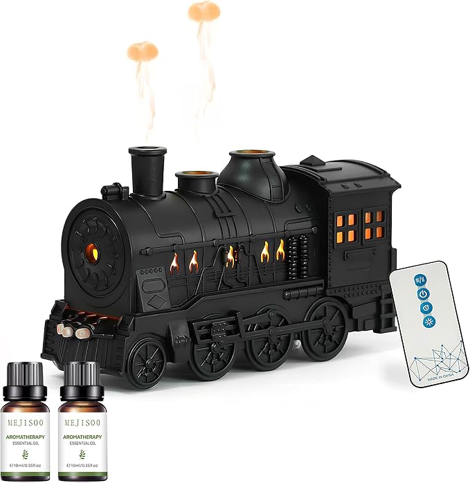Steam Train Essential Oil Diffuser Set, 300 ml Retro Train Aromatherapy Diffuser with Night Light, Includes 2 Essential Oils, Desk Decor Humidifier, Gift for Train Lovers