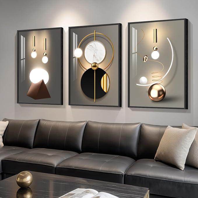 Framed Large Modern Abstract Wall Art for Living Room, Set of 3 Piece Black and White Gold Luxury Artworks, Geometric Painting Print for Dining Room Entryway Hallway Home Office Wall Decor, 24x36 In