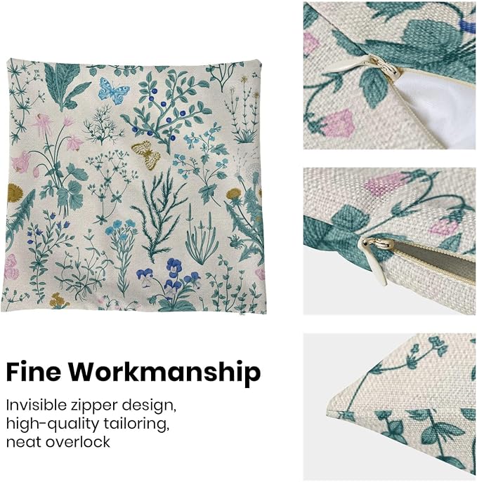 AEIOAE Spring Pillow Covers 22x22 Inch Set of 2,Blue Teal Wild Flower Plant Throw Pillows Case,Seasonal Floral Outdoor Decorative Square Linen Farmhouse Decor Cushion Covers for Home Sofa Bed Couch