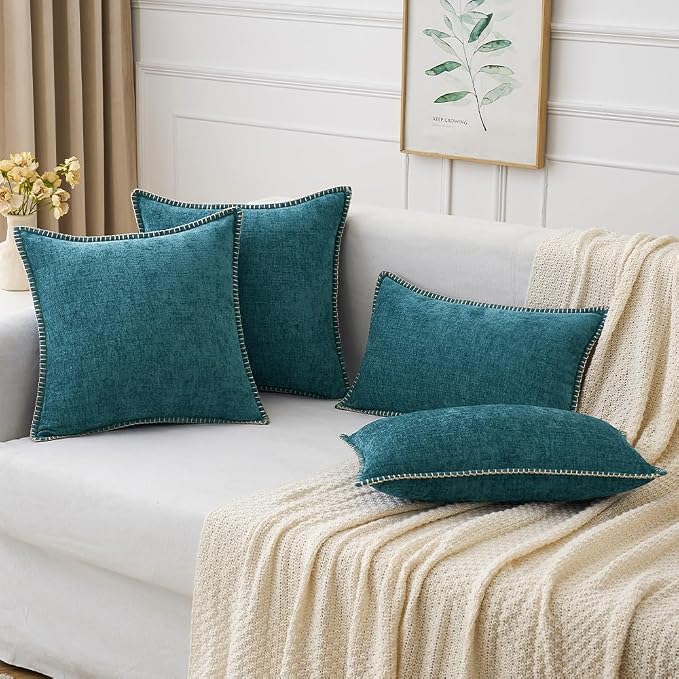 MIULEE Decorative Couch Throw Pillow Covers 20x20 Inch Dark Teal 2 Pack | Farmhouse Pillow Covers with Stitched Edge, Soft Chenille Cushion Cases, for Sofa Bed Living Room Home Decor
