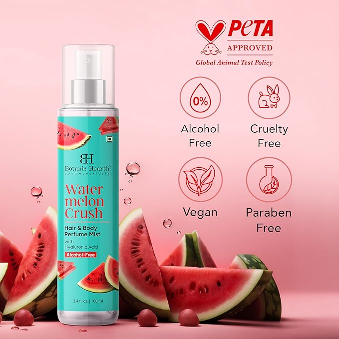 Botanic Hearth Watermelon Hair Perfume & Body Mist, Long-Lasting Hair Deodorizer & Body Scent for Women & Men, Alcohol-Free Clean Fragrance Hair Spray For Everyday Wear, All Day Freshness, 3.4 Fl Oz