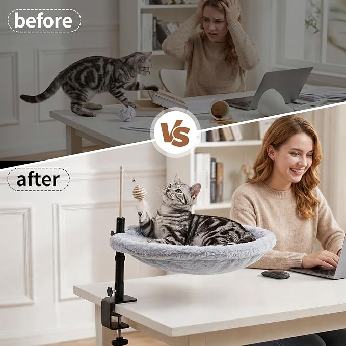 Cat Desk Bed Hammock for Home Office 360° Rotatable Cat Perch | Washable Mesh & Faux Fur Covers, Holds 40 lbs, Space-Saving Cat Furniture for Indoor Cats & Large Pets Drill-Free Clamp