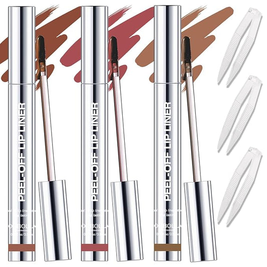 3 Colors Peel Off Lip Liner with Tweezer Kit, Rich Color Matte Finish Lip Tint Stains Makeup Set for Women, Long Lasting, Waterproof, Smudge Proof, For All Skin Types (#2, #3, #4)