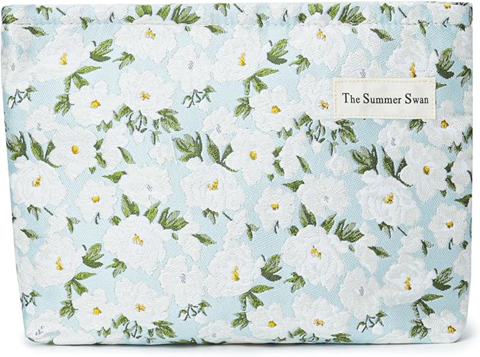 The Summer Swan Large Aesthetic Makeup Bag | Floral Makeup Bag | Mid-Day Clutch | Period Kit Bag | Hygiene Bag | Skincare Bag (White Jasmine)