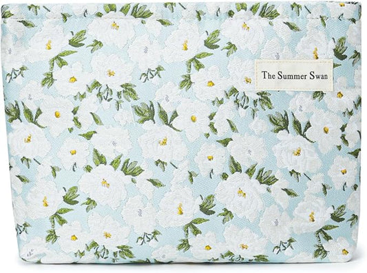 The Summer Swan Large Aesthetic Makeup Bag | Floral Makeup Bag | Mid-Day Clutch | Period Kit Bag | Hygiene Bag | Skincare Bag (White Jasmine)