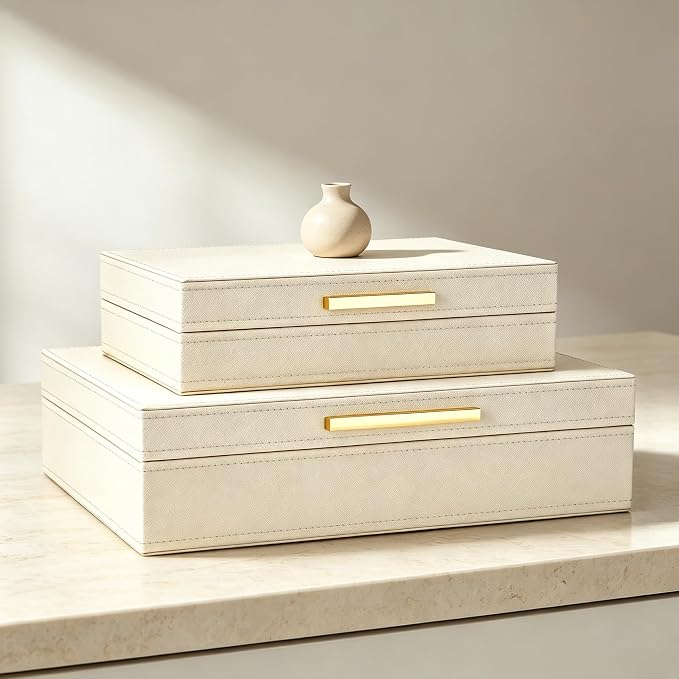 Decorative Storage Boxes with Lids, Set of 2 PU Leather Memory Box for Keepsakes, Beautiful Large Decorative Box for Home Decor – Safely Store Jewelry, Documents & Photos (Beige)
