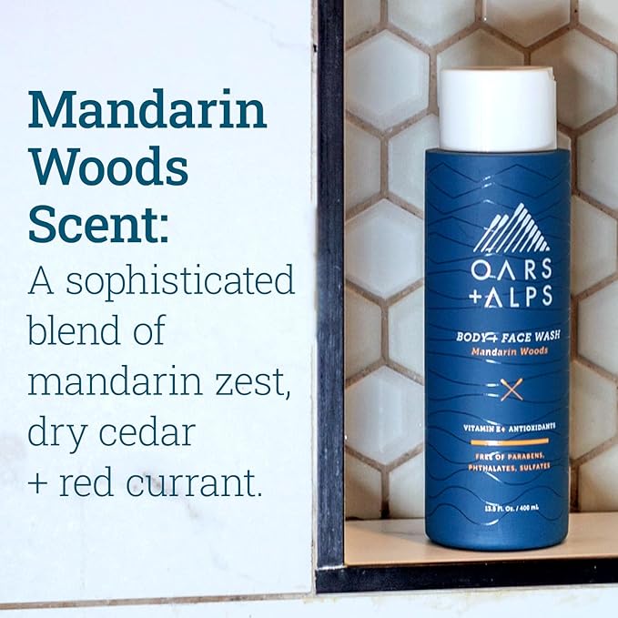 Oars + Alps Mens Moisturizing Body and Face Wash, Skin Care Infused with Vitamin E and Antioxidants, Sulfate Free, Mandarin Woods, 13.5oz, 1 Pack