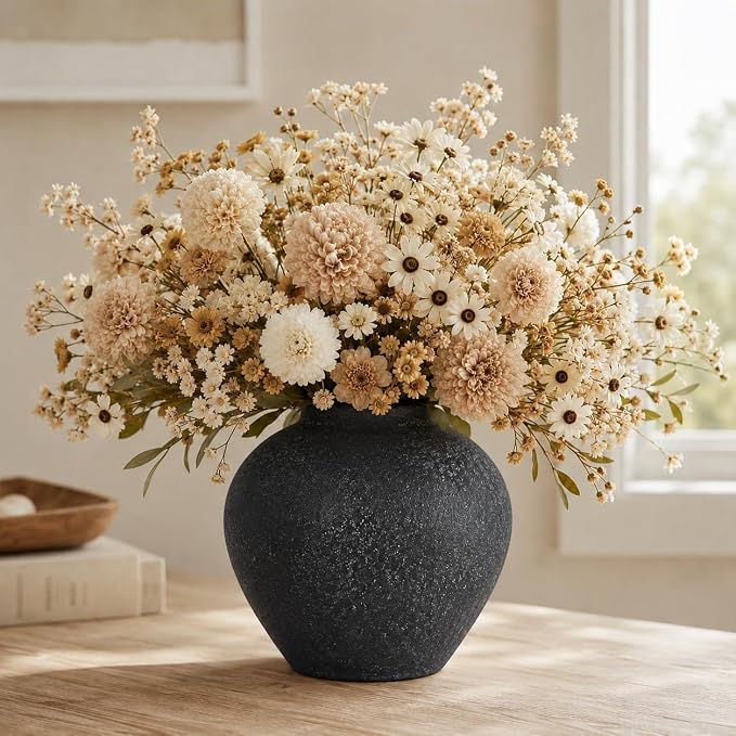 Ceramic Flower Vase Rustic Farmhouse Home Decor | 6.3 Inch Black Round Decorative Vase, Ideal Table Decor for Living Room, Wedding, Birthday Holiday