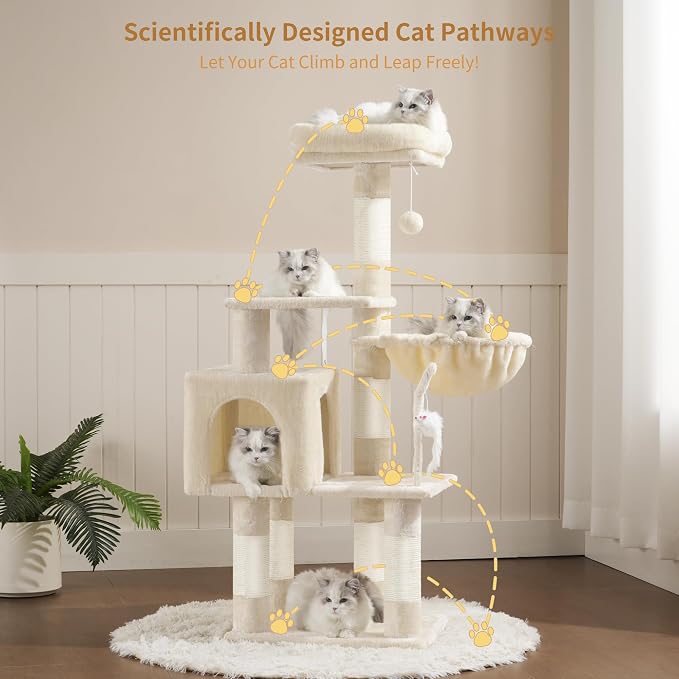 Heybly Cat Tree with Toy, 43.3 inch Cat Tower for Indoor Cats HCT004SM | Cat Condo with Durable Sisal Scratching Posts, Cat House with Padded Plush Perch, Cozy Hammock, Beige