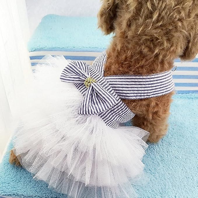 Dog Dresses, Fashion Pet Dog Clothes, Striped Mesh Puppy Dogs Princess Dresses (Blue, Small)