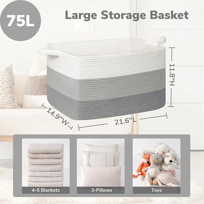 Goodpick Large Woven Rope Blanket Basket, Rectangle, Light Gray | 21.6'' x 14.9'' x 11.8'' Storage Basket for Blankets, Pillows & Toys, Living Room & Nursery Organization, Reinforced Handles