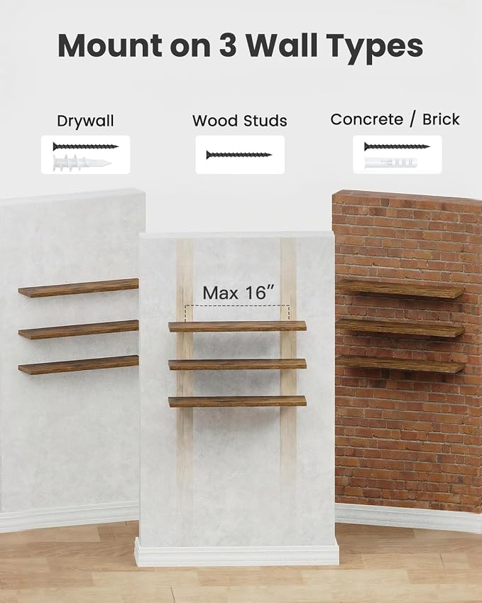 AMADA HOMEFURNISHING 23.6" L Floating Shelves, Wall Shelves Set of 3 for Bathroom/Living Room/Bedroom/Kitchen, Floating Shelves for Wall Decor with Invisible Brackets - AMFS44V, Rustic Brown