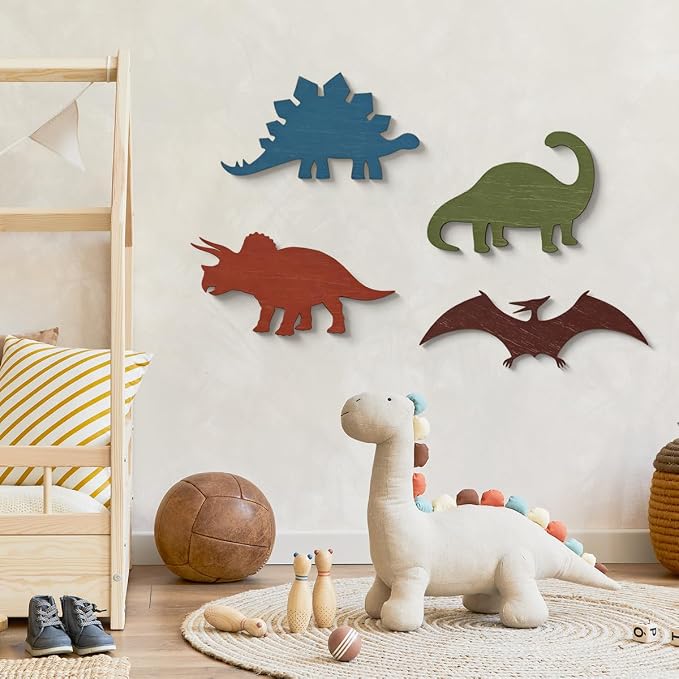 BQXH 4 Pcs Dinosaur Wall Decors Wooden, Boys Dinosaurs Playroom Wall Decor | Farmhouse Dinosaur Gifts for Home Kitchen Bathroom Office Decoration