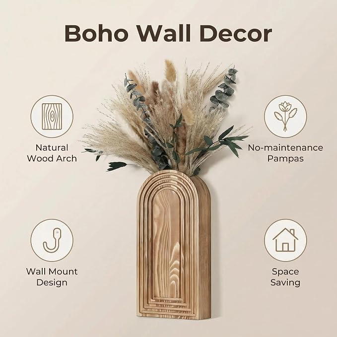 Set of 2 Wooden Wall Vases with Dried Pampas Grass & Eucalyptus, Boho Farmhouse Decor for Living Room, Entryway, Bathroom, Rustic Home Art(Brown)