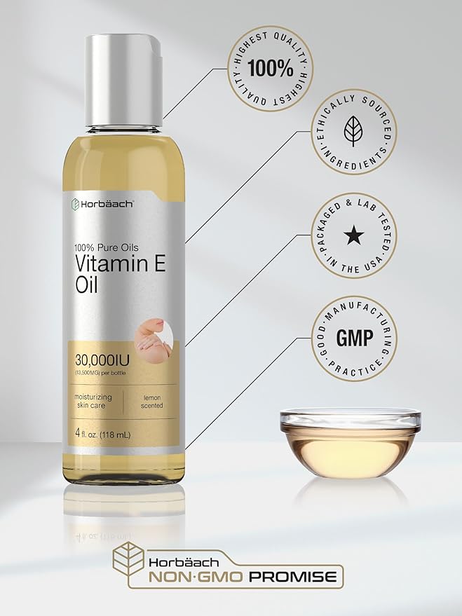 Horbäach Vitamin E Oil For Skin and Face | 4 fl oz | 100% Pure Oils | Moisturizing Skin Care | Non-GMO, Vegetarian | Lemon Scented
