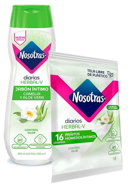 Feminine Wash Nosotras Set Intimate Soap And Wet Wipes Herbal-V Camellia and Aloe Vera | Kit Jabon Intimo y Pañitos Humedos Herbal-V Camelia y Aloe Vera Colombia (6.76oz - 200ml)