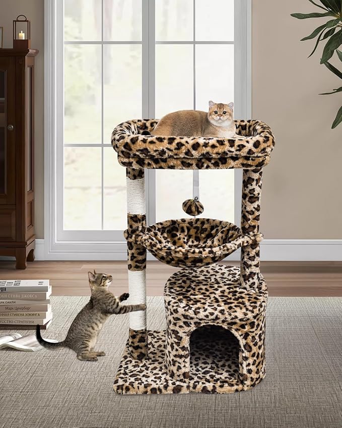 SYANDLVY Small Leopard Print Cat Tree for Indoor Cats, Modern Cat House | Cat Tower with Scratching Post & Padded Perch, Kittens Condo with Cradle, Cat Cave