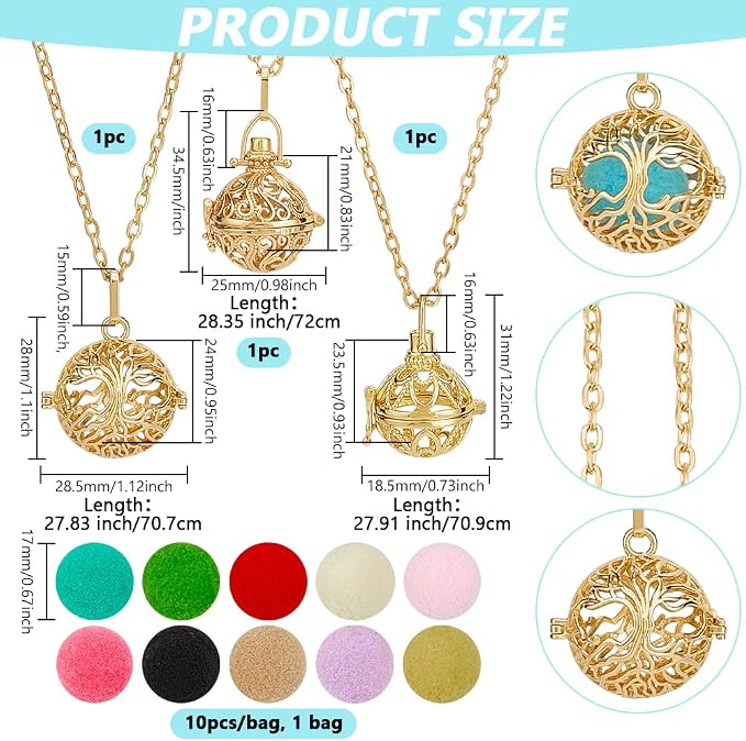 PH PandaHall 3pcs Golden Essential Oil Diffuser Necklace, Aromatherapy Locket Pendant with 10pcs Color Cotton Balls Scent Necklace Hollow Flower Pendant Necklaces for Men Women Jewelry Birthday Gifts